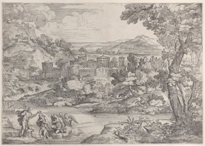 左下角的基督洗礼，在一幅风景画内，1626-80。 作者 乔瓦尼·弗朗切斯科·格里马尔迪