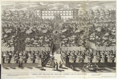 从花园的计划与其喷泉，从La Fontane，酒吧的宫殿的视图。 c 1691 作者 乔凡尼·弗朗切斯科·文图里尼