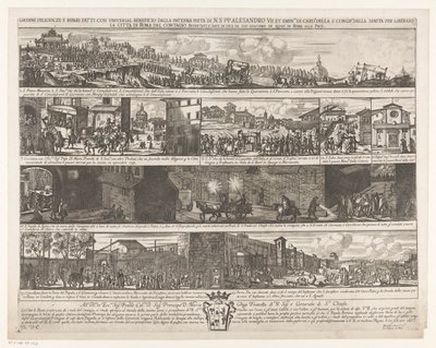 Optocht om Rome vrij te maken van de pest
下令由H.H. PP. Alesandro VII. et emin.mi SS. card.li della S. congr.me della sanita的父石进行普惠性的勤奋和修缮，使罗马城免受传染（标题上的或 作者 乔瓦尼·贾科莫·德罗西