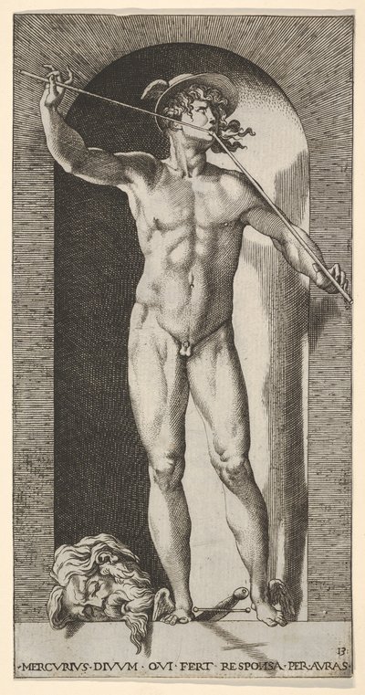 图14：水星站在壁iche里玩他的烟斗，一只老妇人的脑袋被切断了，1526。 作者 乔凡尼·雅各布·卡拉格里奥