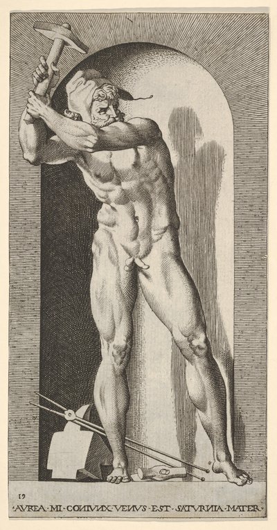 图19：瓦肯（Vulcan）站在小生境中，用铁砧，锤子和钳子摇动锤子，1526年。 作者 乔凡尼·雅各布·卡拉格里奥