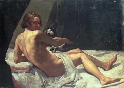 1620年，年轻男子躺在床上，一只猫 作者 乔凡尼·兰弗兰科（Giovanni Lanfranco）