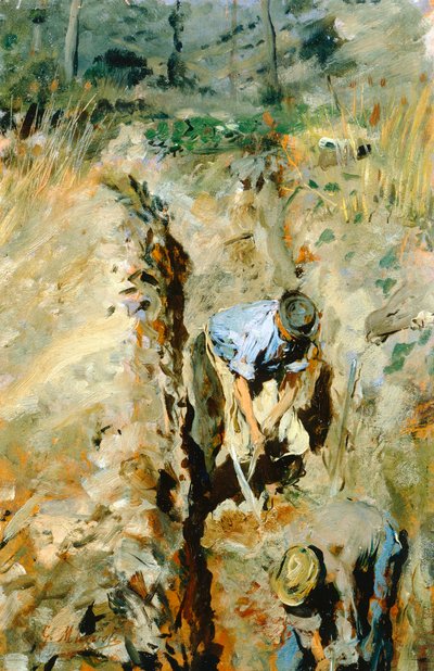 乔瓦尼-穆齐奥里（1854-1894）的《挖掘机》，油画板，30x19厘米 作者 乔凡尼·穆齐奥利（Giovanni Muzzioli）