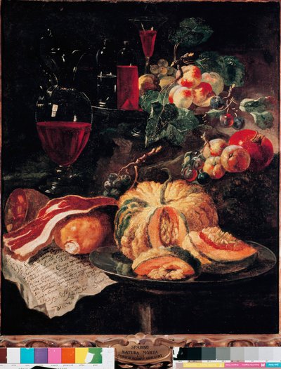 静物南瓜、熏肉、火腿、桃子和葡萄酒。Giovan Paolo Castelli dit Lo Spadino（1659-1730 年）的画作 1703 年，罗马，Conservatori capitolini 博物馆 作者 乔瓦尼·保罗·卡斯特利