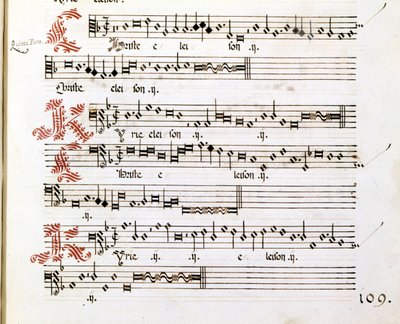 意大利作曲家乔瓦尼·皮耶路易吉·达·帕莱斯特里纳（Giovanni Pierluigi da Palestrina，1525 - 1594 年）的《曼图亚大乱斗》的 Kyrie 手稿。 作者 乔瓦尼·皮耶鲁吉（Giovanni Pierluigi da）（后）帕莱斯特里纳（Palestrina）
