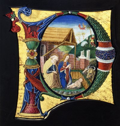 1490年，描绘了耶稣降生的场景，是一个经过历史记录的大写字母“ P” 作者 乔凡尼·彼得罗·梅第奇·达·克雷玛