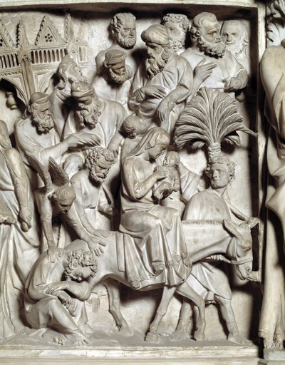 Giovanni Pisano (1248-1314) 实现的椅子浮雕细节：大理石讲坛浮雕细节，飞往埃及 1302-1311 意大利比萨大教堂 (Duomo di Pisa) 作者 乔凡尼·皮萨诺（Giovanni Pisano）