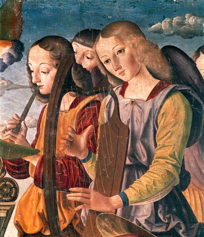 Angels with instruments, detail from Holy Conversation with Madonna and Child enthroned with donor and saints 作者 乔凡尼·桑蒂（Giovanni Santi）