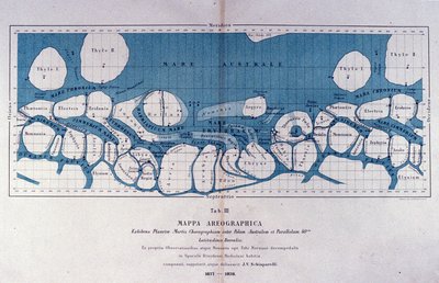 Giovanni Virginio Schiaparelli (1835-1910) 天体物理学家绘制的火星地图。 他观察到火星上的直线结构，他称之为火星运河（canali）。 1877-1878 年 作者 乔凡尼·夏帕瑞瑞（Giovanni Schiaparelli）