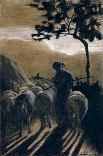 乔万尼-塞甘蒂尼（1858-1899）的《路上的羊群》。 作者 乔凡尼·塞甘蒂尼（Giovanni Segantini）