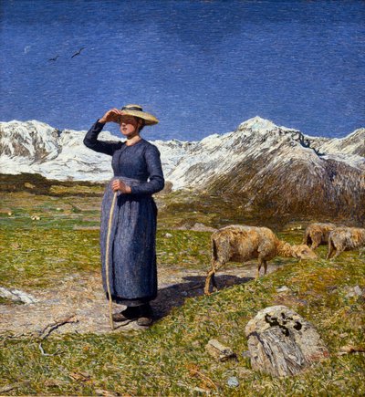 阿尔卑斯山的中午 A bergere 保护她的眼睛免受阳光照射。 Giovanni Segantini (1858-1899) 1891 年作画。 7,5x71,57 厘米系列 O. Fischebacher 作者 乔凡尼·塞甘蒂尼（Giovanni Segantini）