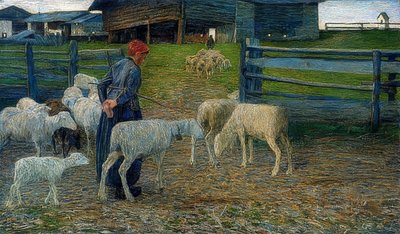 返回马stable。 1888年 作者 乔凡尼·塞甘蒂尼（Giovanni Segantini）