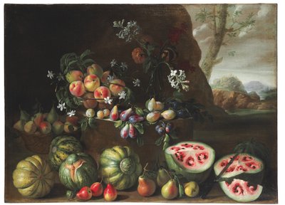 风景中的西瓜，桃子，梨和其他水果 作者 Giovanni Stanchi