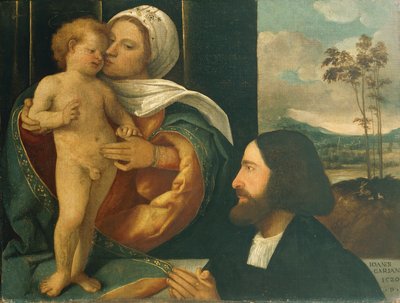 乔瓦尼·卡里亚尼 (Giovanni Cariani) 的《麦当娜与孩子和奉献者》（生于 1485 年至 1490 年 - 卒于 1547 年之后） 作者 乔瓦尼·德·布西·卡里亚尼