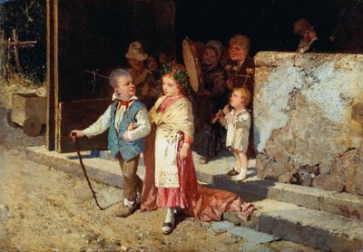 年轻的已婚夫妇，乔瓦尼·德尔·雷（Giovanni Del Re，1829-1919）作画，面板油画，23x33 厘米 作者 乔凡尼·德尔·雷