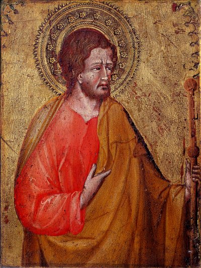 圣雅各伯列林的代表 这是圣雅各少校或圣雅各，西庇太的儿子。 Giovanni di Paolo (1395 / 1400-1482) 15 世纪阿西西，圣弗朗西斯科大教堂和帕金斯收藏博物馆 作者 乔瓦尼·迪·保罗