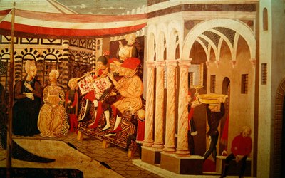来自Adimari Cassone的正面描绘了洗礼堂前的婚礼场景，c.1450 作者 乔凡尼·迪·塞尔瓦·乔吉亚