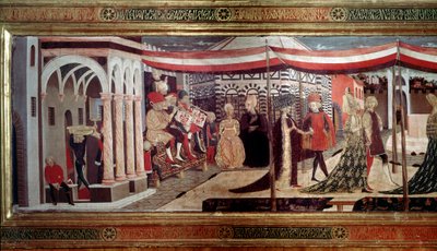 装饰 Cassone Adimari 的面板左侧部分的文艺复兴时期婚礼细节。 大教堂广场 (Plaza de la Cathedrale Santa Maria del Fiore) 的婚礼场景。 音乐家坐在舞台上演奏小号、长号和打击乐器 作者 乔凡尼·迪·塞尔瓦·乔吉亚