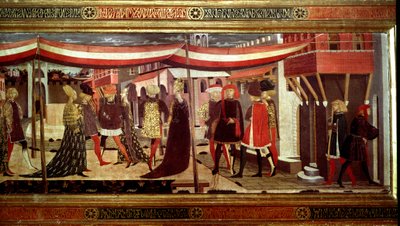 Renaissance Wedding Ceremony Detail of the left part of the panel decorating the Cassone Adimari. Wedding scene in Piazza del Duomo (Plaza de la Cathedrale Santa Maria del Fiore). Couples in the cortege advance under a canopy. Painting by Giovanni di Ser G 作者 乔凡尼·迪·塞尔瓦·乔吉亚