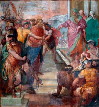 基督被引导到凯弗斯面前 由 Girolamo Massei（1540-1614 年）1594-1600 年创作的基督受难壁画之一的细节，罗马，圣普拉塞德 作者 吉罗拉莫·马塞尔