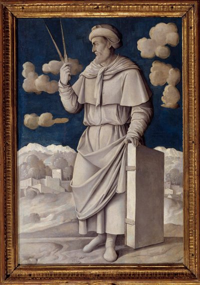 希腊数学家欧几里得（公元前 325-265 年）脚下的肖像，由 Girolamo Mocetto（1458-1531 年）1531 年在巴黎绘制。 Musee Jacquemart Andre - 欧几里得（公元前 325-265 年）的全长肖像，英国数学家。 Girolamo Mocetto (1458-1531) 的绘画 作者 吉罗拉莫·莫塞托