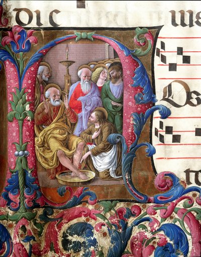 描绘基督洗脚的装饰信，由Girolamo da Cremona（约1451-1483年活跃）和Liberale da Verona（1445-1529年）创作的微型画，来自锡耶纳大教堂的唱诗班（Cod. 22/7. c.37）。15世纪意大利锡耶纳的大教堂（Duomo）。 作者 吉罗拉莫·达克雷莫纳