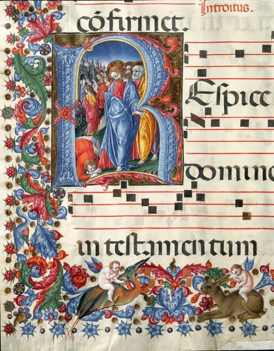 吉罗拉莫-达-克雷莫纳（Girolamo da Cremona，约1451-1483年活跃）和利伯拉莱-达-维罗纳（Liberale da Verona，1445-1529年）描绘基督和麻风病人的装饰画，出自锡耶纳大教堂的唱诗班（Cod. 19/4. c.26. ）。15世纪的意大利锡耶纳大教堂（Duomo）。 作者 吉罗拉莫·达克雷莫纳