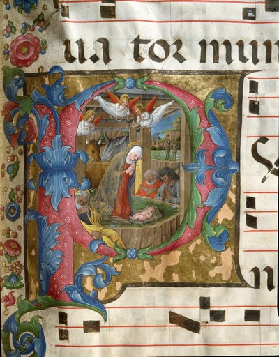 代表吉罗拉莫-达-克雷莫纳（Girolamo da Cremona）（约1451-1483年活跃）的迷你版Nativite的Lettrine P decoree，出自锡耶纳大教堂的一个唱诗班（Cod. 18/3）。15世纪的意大利锡耶纳大教堂（Duomo）。 作者 吉罗拉莫·达克雷莫纳