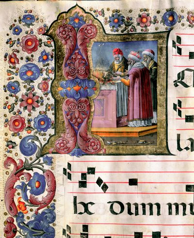 吉罗拉莫-达-克雷莫纳（Girolamo da Cremona）（约1451-1483年活跃）的微型祭祀场景，出自锡耶纳大教堂的唱诗班（Cod. 10/L. c.114v. ）。15世纪的意大利锡耶纳大教堂（Duomo）。 作者 吉罗拉莫·达克雷莫纳