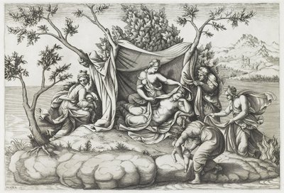 拉托纳（Latona）生下阿波罗（Apollo）和戴安娜（Diana），由戴安娜·曼托瓦（Diana Mantovana）（b.1535年）刻制，于1575年（刻） 作者 朱利奥（之后）罗曼诺