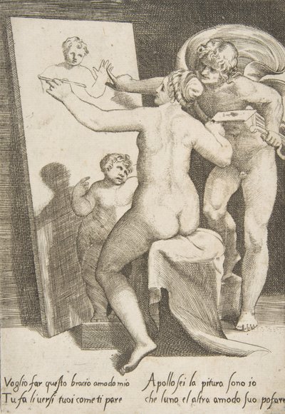 阿波罗站在一个女人旁边，代表了一个绘画的寓言，来自《爱......》，1531-60。 作者 朱利奥·博纳松