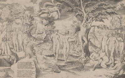 丘比特在极乐世界中被绑在中心的一棵树上，周围有许多人物，1563年，1563年。 作者 朱利奥·博纳松