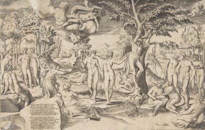 丘比特在极乐世界中被绑在中心的一棵树上，周围有许多人物，1563年。 作者 朱利奥·博纳松
