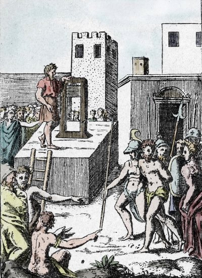 死刑：用意大利断头台（机器装饰）的祖先执行死刑，称为 Mannaia，由 Achille Bocchi 于 1555 年设计”” 由朱利奥·博纳松 (Bonasone) (1498-1574) 雕刻（代表 甘露 作者 朱利奥·博纳松
