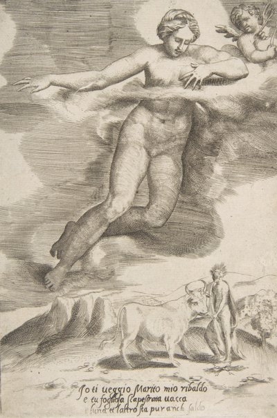 朱诺观看木星和木卫二，出自《众神的爱》，1531-60。 作者 朱利奥·博纳松
