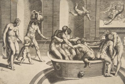 男人和女人在洗澡，有些人拥抱在一起，1531-76。 作者 朱利奥·博纳松