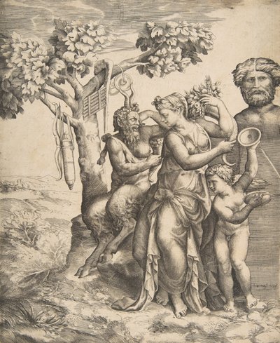 左边的潘坐在一个站立的仙女旁边，右边的丘比特拿着铙钹，1531-76。 作者 朱利奥·博纳松