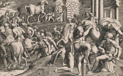 特洛伊人拉着木马进城，1545年。 作者 朱利奥·博纳松