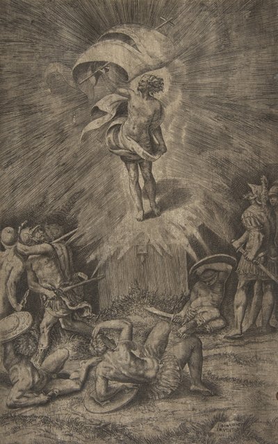 复活的基督，右手拿着旗帜，士兵们围着他，1561年。 作者 朱利奥·博纳松