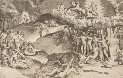 爱情的胜利，丘比特骑着独角兽拉的战车在右上方，赤身裸体...，1545年。 作者 朱利奥·博纳松