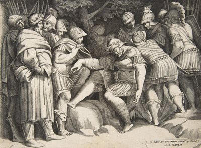 受伤的士兵西庇阿在中间，周围是一些人物，1531-76。 作者 朱利奥·博纳松