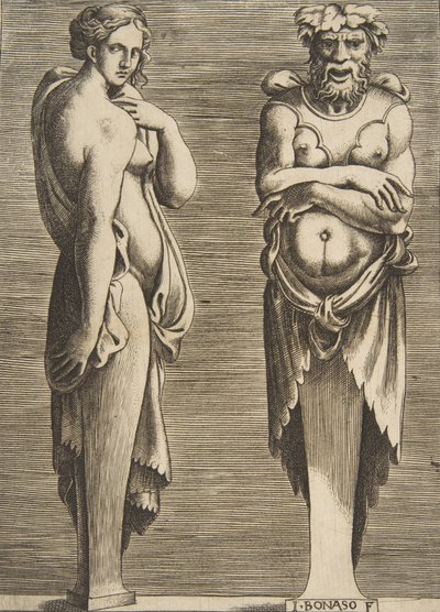 两个条款，左边是仙女，右边是Silvanus，约1530-50。 作者 朱利奥·博纳松