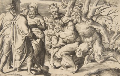 两个萨提尔把西勒努斯国王米达斯带到左边，1531-76。 作者 朱利奥·博纳松