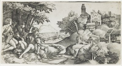 牧羊人在风景中，c。 1517年至1518年 作者 朱利奥·坎帕尼奥拉（Giulio Campagnola）