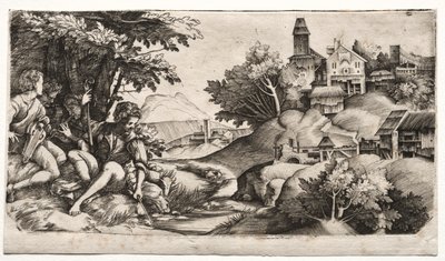 牧羊人在风景中c。 1517。 作者 朱利奥·坎帕尼奥拉（Giulio Campagnola）