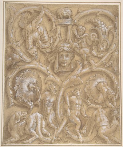 饰面板的设计，其中有Rinceaux, Satyrs, Putti, Monsters和一个人头，1535-45。 作者 朱利奥·坎皮。