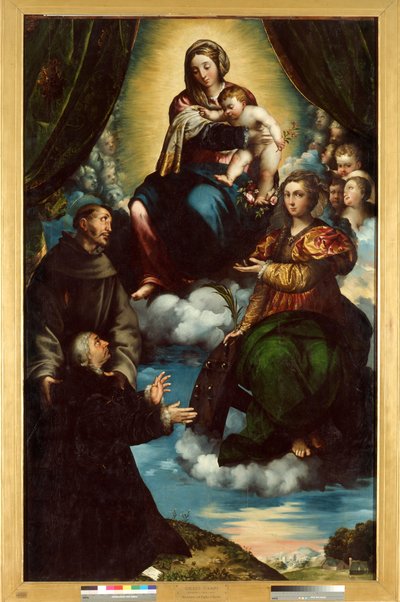 The Madonna and Child, Saint Catherine of Alesandria, Saint Francis and Pietro Martire Stampa 作者 朱利奥·坎皮（Giulio Campi）