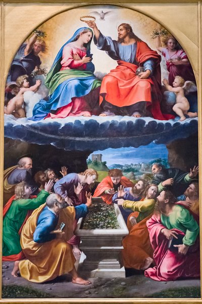 圣母加冕，"蒙特卢斯的圣母"，1505-25 年（木板油画） 作者 Giulio & Penni Giovanni Francesco (il Fattore) (c.1488 1528) 罗马诺