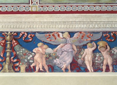 来自相机的弗里兹con Fregio di Amorini丘比特弗里兹室摔跤丘比特的细节，1520年代壁画 作者 朱利奥·罗马诺