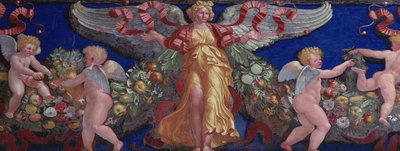 来自相机的弗里兹con Fregio di Amorini丘比特弗里兹的房间详细的天使穿着金色的裙子，展开翅膀，1520年代壁画 作者 朱利奥·罗马诺